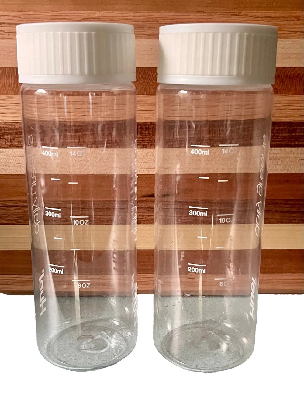 2 Huel Daily Greens Bottles BPA Free Clear with White Lid Dishwasher Safe 13.5oz